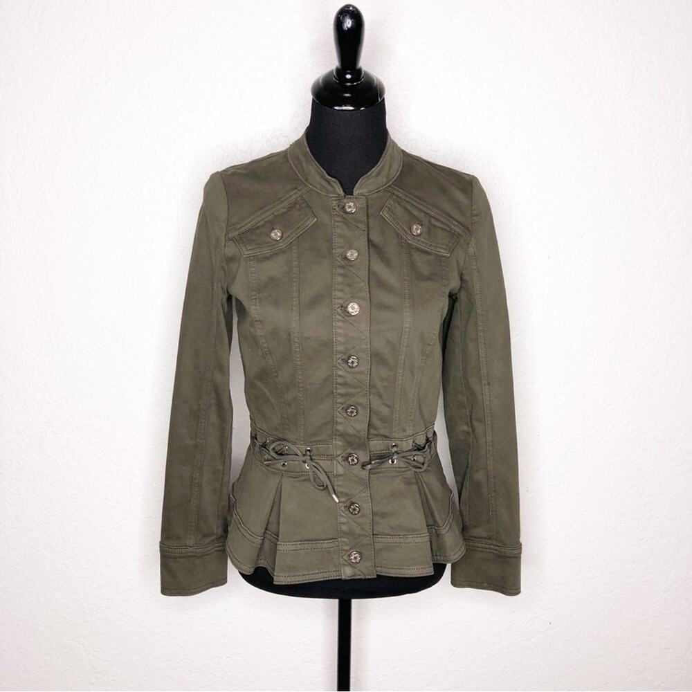 WHBM army green military tie peplum waist blazer jacket size Extra Small XS